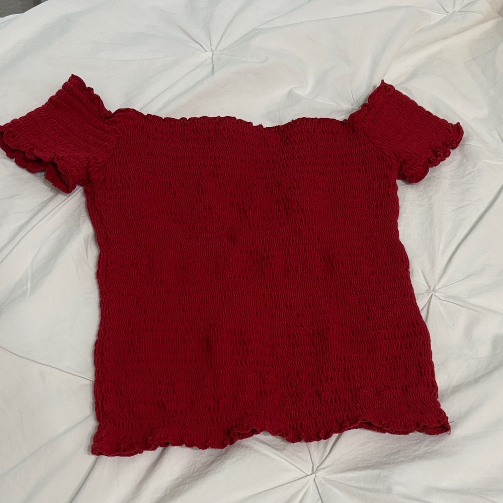 @ Hollister Red Smocked Off the Shoulder Top